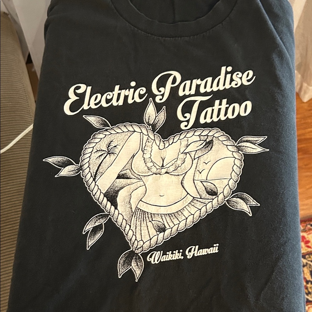 Black Graphic Electric Paradise Tattoo T-Shirt with Heart Design